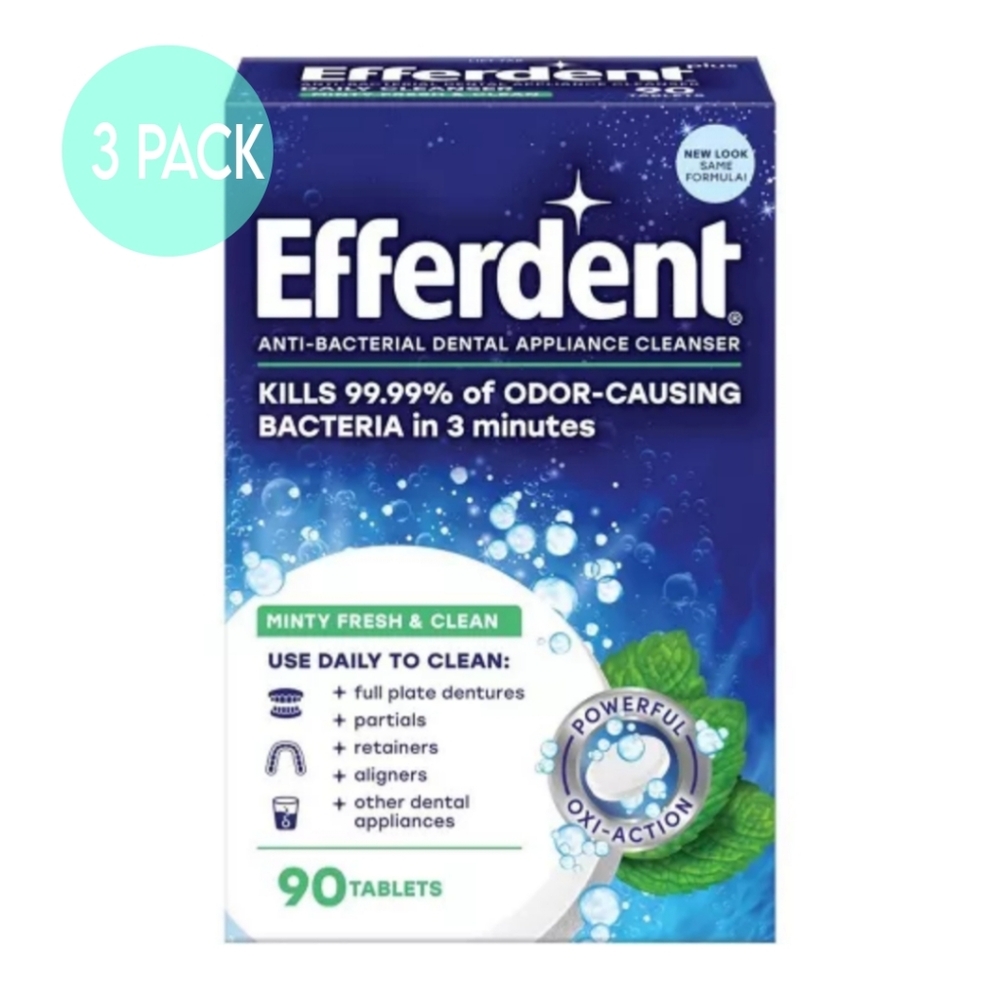 NEW Efferdent Plus Mint Denture Retainer Cleanser 90 Ea (3 Boxes, 270 Tablets)